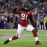 Atlanta Falcons' Courtney Upshaw reacts after a quarterback sack during the first half of the NFL Super Bowl 51 football game against the New England Patriots Sunday, Feb. 5, 2017, in Houston. (AP Photo/Eric Gay)