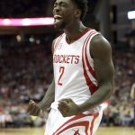 Houston Rockets' Patrick Beverley (2) reacts after making a basket while being fouled during the first half of an NBA basketball game against the Phoenix Suns, Saturday, Feb. 11, 2017, in Houston. (AP Photo/David J. Phillip)