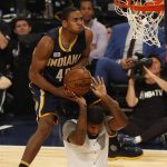 Indiana Pacers Glenn Robinson III makes a leap during the slam dunk contest as part of the NBA All-Star Saturday Night events in New Orleans, Saturday, Feb. 18, 2017. Robinson won the competition. (AP Photo/Max Becherer)
