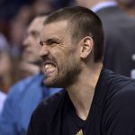 Memphis Grizzlies center Marc Gasol reacts from the bench in the second half of an NBA basketball game against the Phoenix Suns, Wednesday, Feb. 8, 2017, in Memphis, Tenn. (AP Photo/Brandon Dill)