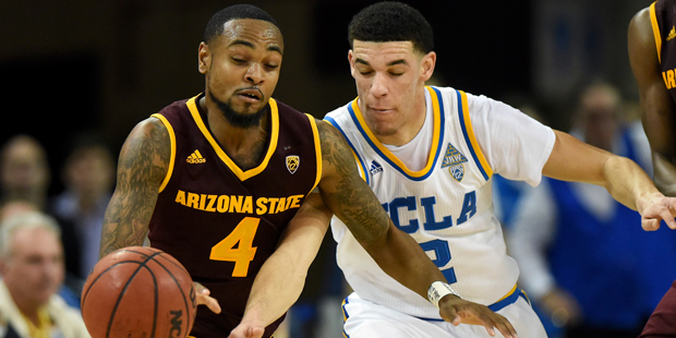 UCLA guard Lonzo Ball (2) attempts a steal against Arizona State guard Torian Graham (4) during the...