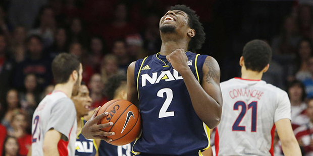 Northern Arizona forward Corey Brown (2) reacts after getting called for a foul against Arizona dur...