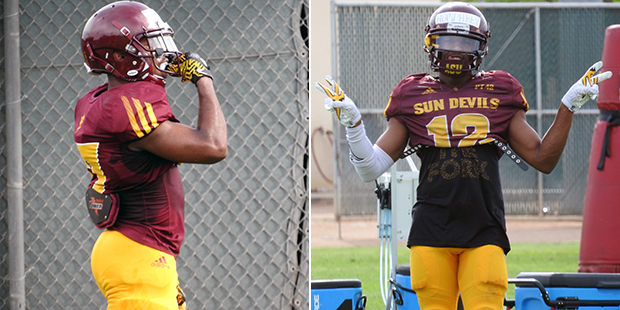 Receivers Ryan Newsome (left) and John Humphrey (right)) during a Sun Devils practice March 22, 201...