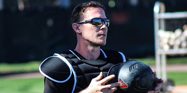 Dbacks catcher Chris Herrmann suits up before spring training workouts, Tuesday, March 7 at Salt Ri...
