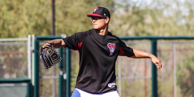 Diamondbacks prospect Anthony Banda delivers a pitch at a spring training workout on Tuesday, March...