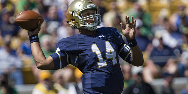 Notre Dame quarterback Kizer DeShone makes a throw during the Blue-Gold spring NCAA college footbal...