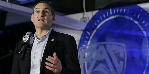 Pac-12 Commissioner Larry Scott speaks during NCAA college basketball Pac-12 media day Friday, Oct....