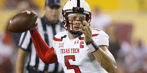Texas Tech's Patrick Mahomes II looks to pass against Arizona State during the first half of an NCA...