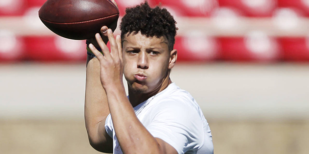 Patrick Mahomes throws a pass during Texas Tech's pro day at Jones AT&T Stadium Friday, March 3...