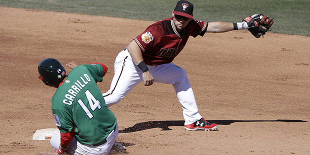 Mexico's Xorge Carrillo is forced out at second as Arizona Diamondbacks' Chris Owings takes the thr...