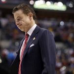Louisville head coach Rick Pitino walks off the court after a 73-69 loss to Michigan in a second-round game in the men's NCAA college basketball tournament Sunday, March 19, 2017, in Indianapolis. (AP Photo/Jeff Roberson)