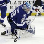 Tampa Bay Lightning goalie Andrei Vasilevskiy (88) makes a save on a shot by the Arizona Coyotes during the first period of an NHL hockey game Tuesday, March 21, 2017, in Tampa, Fla. (AP Photo/Chris O'Meara)