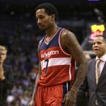 Washington Wizards guard Brandon Jennings leaves the court in the second quarter after getting ejected during an NBA basketball game against the Phoenix Suns, Tuesday, March 7, 2017, in Phoenix. (AP Photo/Rick Scuteri)