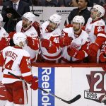 Detroit Red Wings right wing Gustav Nyquist (14) celebrates his goal against the Arizona Coyotes during the shootout of an NHL hockey game Thursday, March 16, 2017, in Glendale, Ariz. The Red Wings defeated the Coyotes 5-4. (AP Photo/Ross D. Franklin)