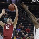 Stanford's Michael Humphrey, left, grabs a rebound over Arizona State's Andre Adams during the first half of an NCAA college basketball game in the first round of the Pac-12 men's tournament Wednesday, March 8, 2017, in Las Vegas. (AP Photo/John Locher)