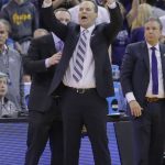 Northwestern head coach Chris Collins celebrates as he shouts to his team during the second half of a first-round men's college basketball game in the NCAA Tournament Thursday, March 16, 2017, in Salt Lake City. Northwestern won 68-66. (AP Photo/Rick Bowmer)