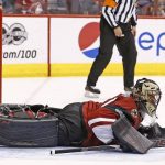 Arizona Coyotes goalie Mike Smith gives up a goal to Detroit Red Wings left wing Tomas Tatar during the second period of an NHL hockey game Thursday, March 16, 2017, in Glendale, Ariz. (AP Photo/Ross D. Franklin)
