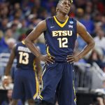 East Tennessee State forward Hanner Mosquera-Perea reacts after a play during the second half of the first round of the NCAA college basketball tournament against Florida, Thursday, March 16, 2017 in Orlando, Fla. Florida defeated ETSU 80-65. (AP Photo/Wilfredo Lee)
