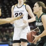 Michigan State guard Tori Jankoska (1) drives to the hoop against Arizona State guard Kiara Russell (4) during a first-round game in the women's NCAA college basketball tournament Friday, March 17, 2017, in Columbia, S.C. (AP Photo/Sean Rayford)