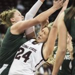 Arizona State forward Kelsey Moos (24) grabs a rebound against Michigan State center Jenna Allen, left, during a first-round game in the women's NCAA college basketball tournament Friday, March 17, 2017, in Columbia, S.C. (AP Photo/Sean Rayford)