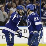 Tampa Bay Lightning right wing Nikita Kucherov (86) celebrates with center Brayden Point (21) after Kucherov scored against the Arizona Coyotes during the second period of an NHL hockey game Tuesday, March 21, 2017, in Tampa, Fla. (AP Photo/Chris O'Meara)
