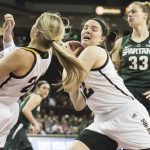 Arizona State forward Jamie Ruden, center, with Arizona State forward Kelsey Moos, left, grabs a rebound against Michigan State center Jenna Allen (33) during a first-round game in the women's NCAA college basketball tournament Friday, March 17, 2017, in Columbia, S.C. (AP Photo/Sean Rayford)