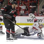 Carolina Hurricanes' Jordan Staal (11) scores against Arizona Coyotes goalie Louis Domingue during the second period of an NHL hockey game in Raleigh, N.C., Friday, March 3, 2017. (AP Photo/Gerry Broome)