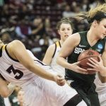 Michigan State guard Tori Jankoska (1) grabs a rebound against Arizona State guard Sabrina Haines (3) during a first-round game in the women's NCAA college basketball tournament Friday, March 17, 2017, in Columbia, S.C. Arizona State defeated Michigan State 73-61. (AP Photo/Sean Rayford)