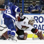 Arizona Coyotes goalie Louis Domingue (35) makes a block save on a shot by Tampa Bay Lightning left wing Ondrej Palat (18) during the third period of an NHL hockey game Tuesday, March 21, 2017, in Tampa, Fla. The Coyotes won the game 5-3. (AP Photo/Chris O'Meara)
