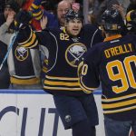 Buffalo Sabres Marcus Foligno (82) celebrates his goal during the first period of an NHL hockey game against the Arizona Coyotes, Thursday, March. 2, 2017, in Buffalo, N.Y. (AP Photo/Jeffrey T. Barnes)