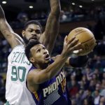Phoenix Suns guard Leandro Barbosa (19) goes to the basket past Boston Celtics forward Amir Johnson (90) during the first quarter of an NBA basketball game, Friday, March 24, 2017, in Boston. (AP Photo/Elise Amendola)