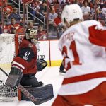 Arizona Coyotes goalie Mike Smith (41) makes a save on a shot by Detroit Red Wings left wing Tomas Tatar (21) during the second period of an NHL hockey game Thursday, March 16, 2017, in Glendale, Ariz. (AP Photo/Ross D. Franklin)