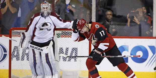 Arizona Coyotes right wing Radim Vrbata (17) skates back to the bench after scoring a goal against ...