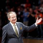 Phoenix Suns announcer Al McCoy acknowledges the crowd during his ring of honor induction ceremony at half time of an NBA basketball game against the Oklahoma City Thunder, Friday, March 3, 2017, in Phoenix. (AP Photo/Matt York)