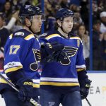 St. Louis Blues' Jaden Schwartz (17) is congratulated by Vladimir Tarasenko, of Russia, after scoring during the second period of an NHL hockey game against the Arizona Coyotes Monday, March 27, 2017, in St. Louis. (AP Photo/Jeff Roberson)