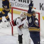 Buffalo Sabres forward Evander Kane (9) celebrates his goal during the third period of an NHL hockey game against the Arizona Coyotes, Thursday, March. 2, 2017, in Buffalo, N.Y. (AP Photo/Jeffrey T. Barnes)