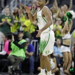 Oregon's Tyler Dorsey celebrates after scoring against Arizona State during the second half of an NCAA college basketball game in the quarterfinals of the Pac-12 men's tournament Thursday, March 9, 2017, in Las Vegas. (AP Photo/John Locher)