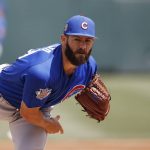 Chicago Cubs' Jake Arrieta warms up in the first inning of a spring training baseball game against the Arizona Diamondbacks Thursday, March 23, 2017, in Scottsdale, Ariz. (AP Photo/Ross D. Franklin)