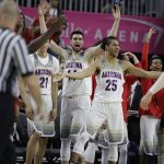 Arizona players celebrate after defeating UCLA 86-75 in an NCAA college basketball game in the semifinals of the Pac-12 men's tournament Friday, March 10, 2017, in Las Vegas. (AP Photo/John Locher)