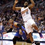 Oklahoma City Thunder guard Russell Westbrook (0) steals the ball from Phoenix Suns forward Alan Williams (15) during the first half of an NBA basketball game, Friday, March 3, 2017, in Phoenix. (AP Photo/Matt York)