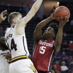 Stanford's Marcus Allen shoots against Arizona State's Kodi Justice during the first half of an NCAA college basketball game in the first round of the Pac-12 men's tournament Wednesday, March 8, 2017, in Las Vegas. (AP Photo/John Locher)