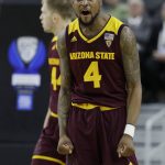 Arizona State's Torian Graham celebrates after scoring against Oregon during the second half of an NCAA college basketball game in the quarterfinals of the Pac-12 men's tournament Thursday, March 9, 2017, in Las Vegas. (AP Photo/John Locher)