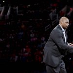 Former Phoenix Suns' Charles Barkley speaks at the Phoenix Suns ring of honor induction ceremony of announcer Al McCoy at half time of an NBA basketball game against the Oklahoma City Thunder, Friday, March 3, 2017, in Phoenix. (AP Photo/Matt York)