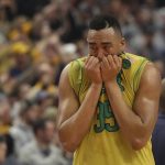 Notre Dame forward Bonzie Colson (35) reacts after their 83-71 loss to West Virginia in a second-round men's college basketball game in the NCAA Tournament, Saturday, March 18, 2017, in Buffalo, N.Y. (AP Photo/Bill Wippert)