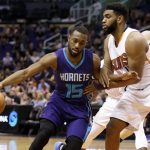 Charlotte Hornets guard Kemba Walker (15) plays in the first quarter during an NBA basketball game against the Phoenix Suns, Thursday, March 2, 2017, in Phoenix. (AP Photo/Rick Scuteri)