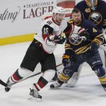 Buffalo Sabres' Josh Gorges (4) and Arizona Coyotes' Shane Doan (19) battle for position during the third period of an NHL hockey game, Thursday, March. 2, 2017, in Buffalo, N.Y. (AP Photo/Jeffrey T. Barnes)