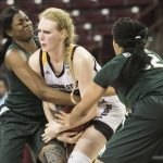 Arizona State center Quinn Dornstauder, center, battles for possession against Michigan State forward Taya Reimer, right, and Mardrekia Cook, left, during a first-round game in the women's NCAA college basketball tournament Friday, March 17, 2017, in Columbia, S.C. Arizona State defeated Michigan State 73-61. (AP Photo/Sean Rayford)