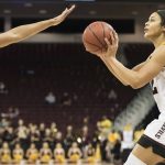 Arizona State forward Kianna Ibis, right, looks for a shot against Michigan State forward Taya Reimer, left, during a first-round game in the women's NCAA college basketball tournament Friday, March 17, 2017, in Columbia, S.C. Arizona State defeated Michigan State 73-61. (AP Photo/Sean Rayford)