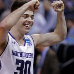 Northwestern guard Bryant McIntosh celebrates after Northwestern defeated Vanderbilt 68-66 in a first-round game in the NCAA men's college basketball tournament Thursday, March 16, 2017, in Salt Lake City. (AP Photo/George Frey)