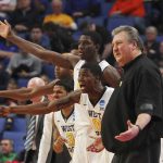 West Virginia head coach Bob Huggins reacts during the second half of a first-round men's college basketball game against Bucknell in the NCAA Tournament, Thursday, March 16, 2017, in Buffalo, N.Y. West Virginia won, 86-80. (AP Photo/Bill Wippert)
